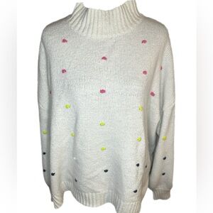 Mud Pie Cream Turtleneck Sweater with Pink, Yellow & Navy Dot Accents.